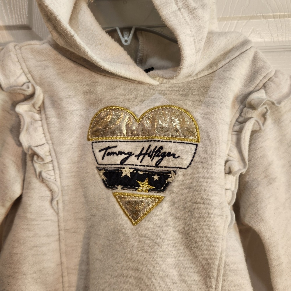 Tommy Hilfiger Toddler Girls Oatmeal Heather Ruffle Heart Hoodie 24M 61L02022-99